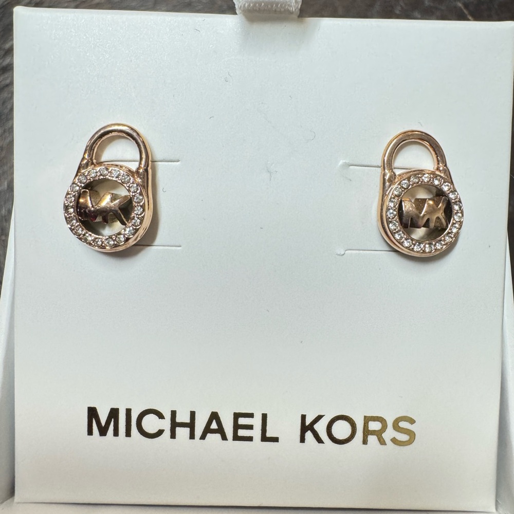 NIB $95 MICHAEL KORS PADLOCK STUD EARRINGS, ROSE GOLD, MKJX7412791, PAVE CRYSTAL